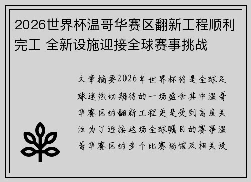 2026世界杯温哥华赛区翻新工程顺利完工 全新设施迎接全球赛事挑战
